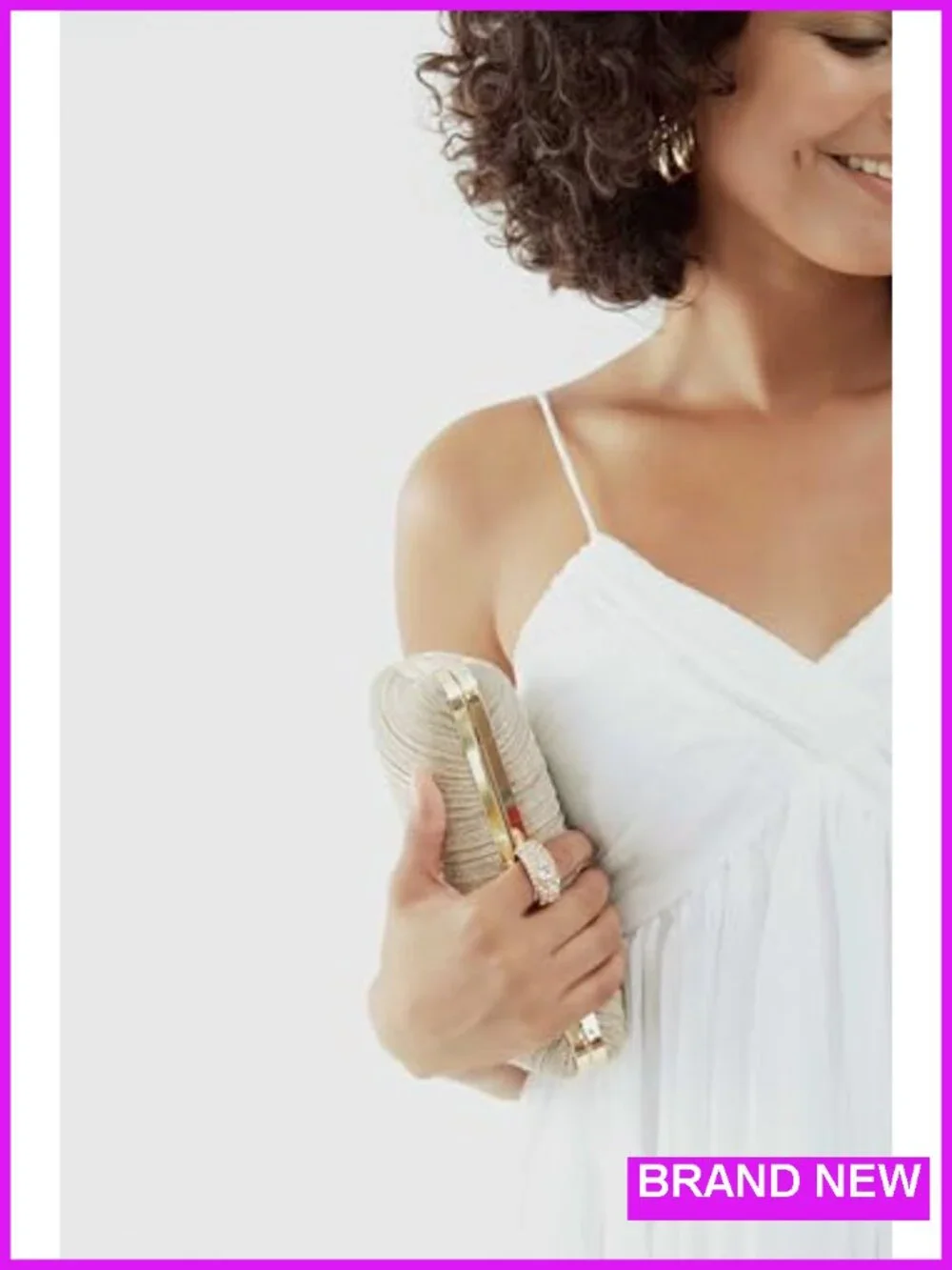 Womens Golden Glitter Clutch Purse Pleated Evening Bag with Rhinestone Ring